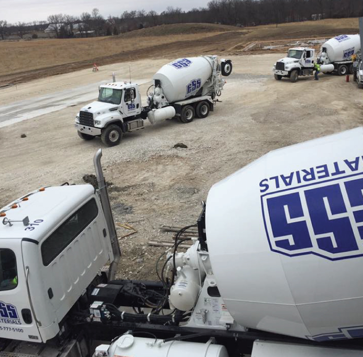 ESS Materials cement mixer trucks at the ESS materials plant